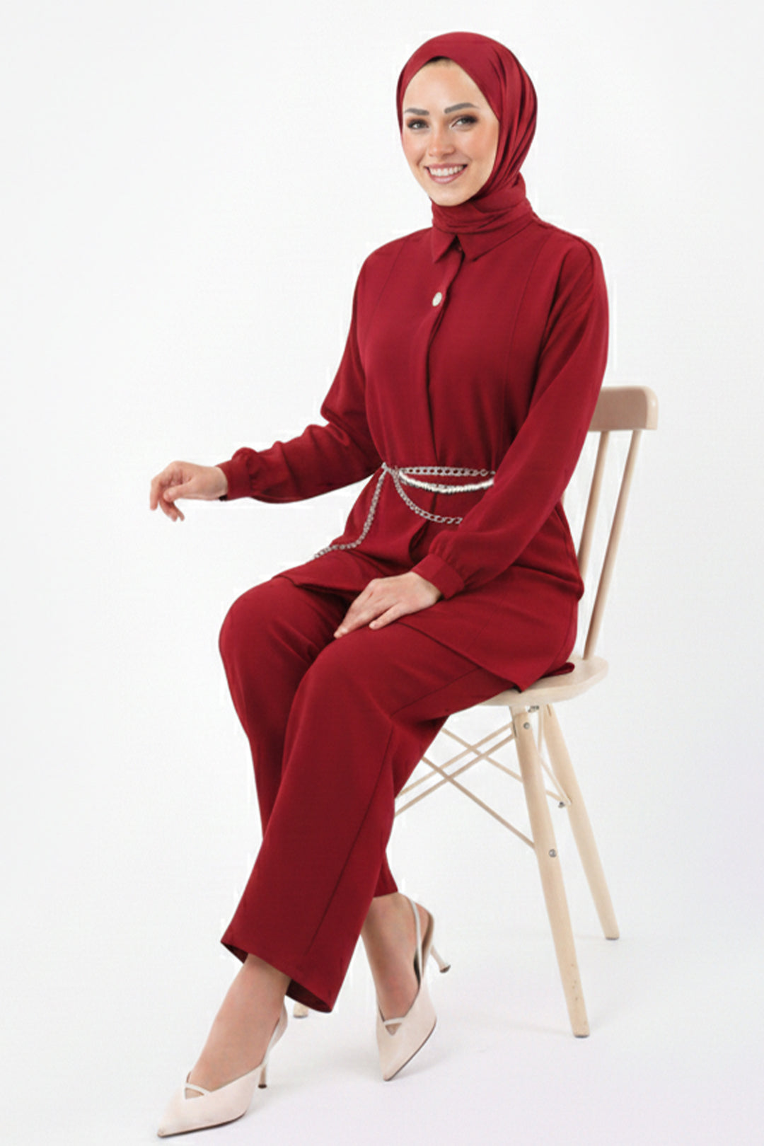 BNG Women Brooch Detailed Hijab Two-Piece Set N7178 Burgundy - Donostia