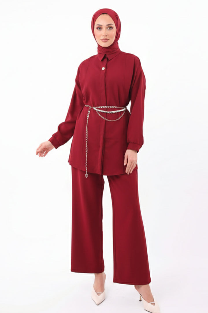 BNG Women Brooch Detailed Hijab Two-Piece Set N7178 Burgundy - Donostia