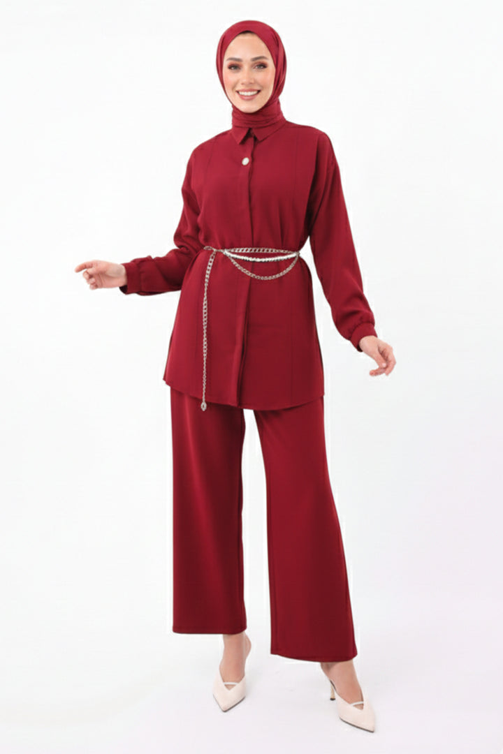 BNG Women Brooch Detailed Hijab Two-Piece Set N7178 Burgundy - Donostia