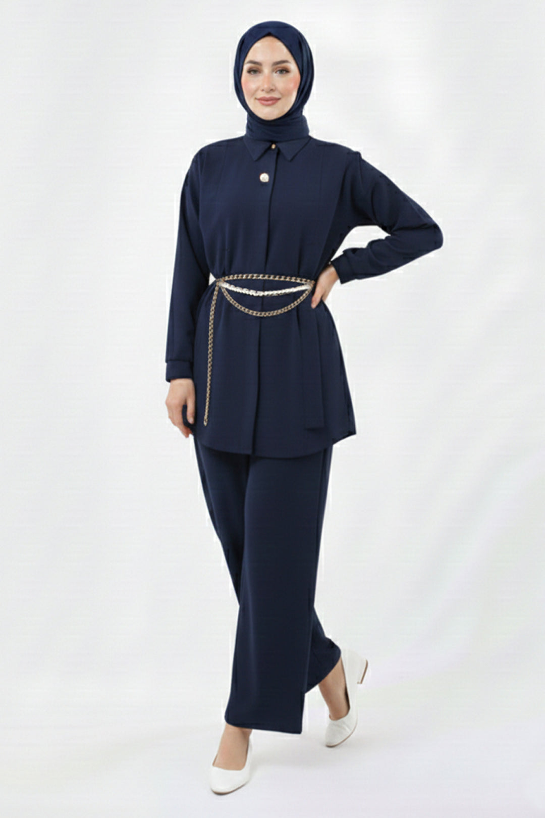 BNG Women Brooch Detailed Hijab Two-Piece Set N7178 Navy - Oxford
