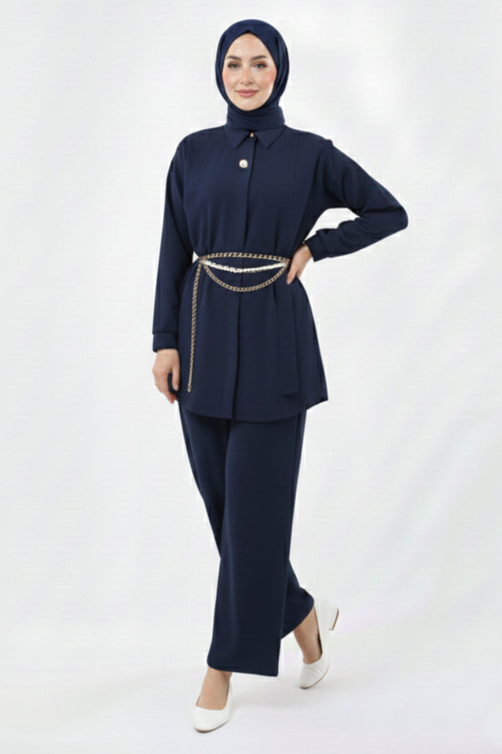 BNG Women Brooch Detailed Hijab Two-Piece Set N7178 Navy - Oxford