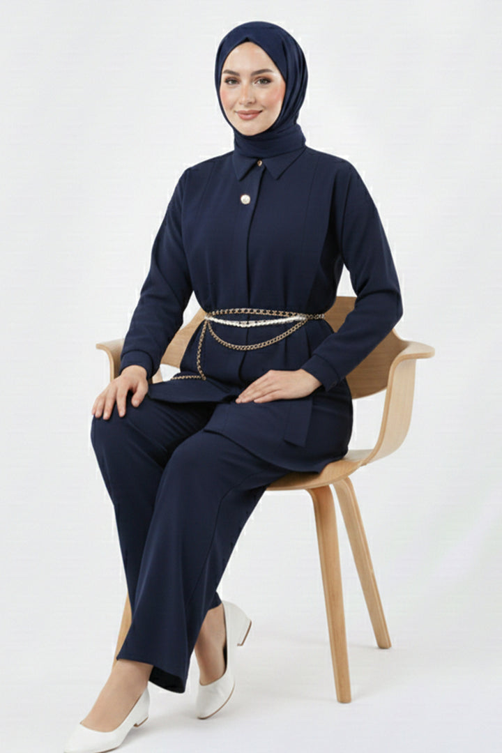 BNG Women Brooch Detailed Hijab Two-Piece Set N7178 Navy - Oxford