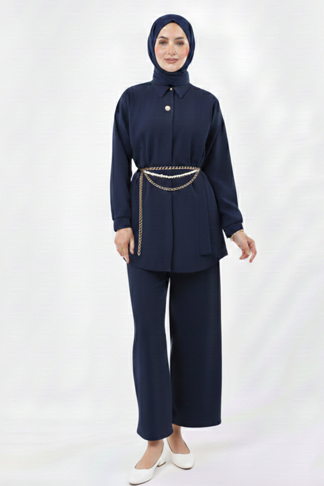 BNG Women Brooch Detailed Hijab Two-Piece Set N7178 Navy - Oxford