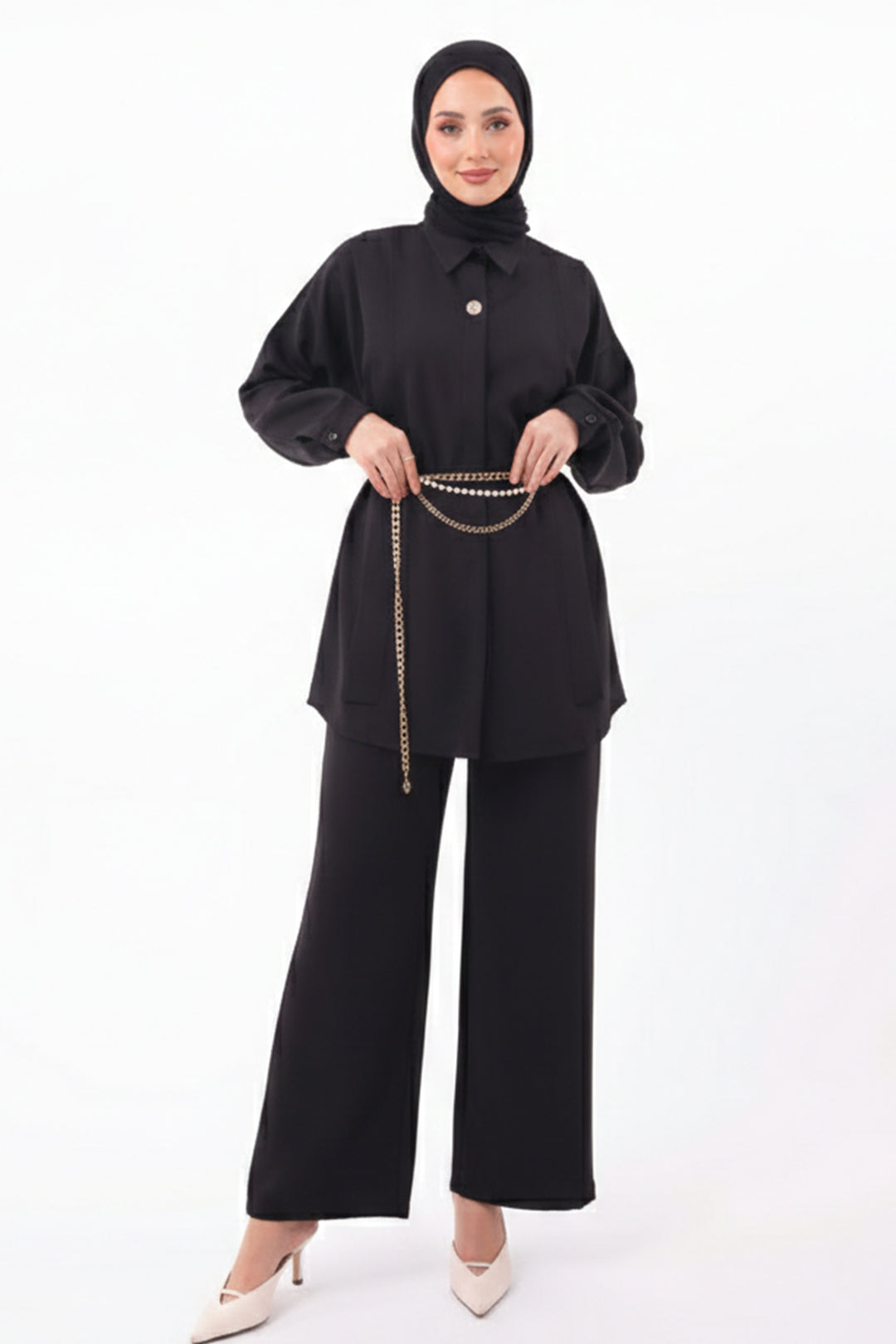 BNG Women Brooch Detailed Hijab Two Piece Set N7178 Black - Cortlandt