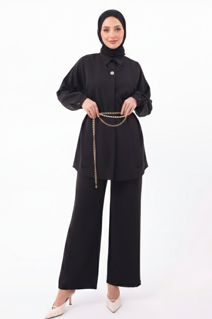 BNG Women Brooch Detailed Hijab Two Piece Set N7178 Black - Cortlandt