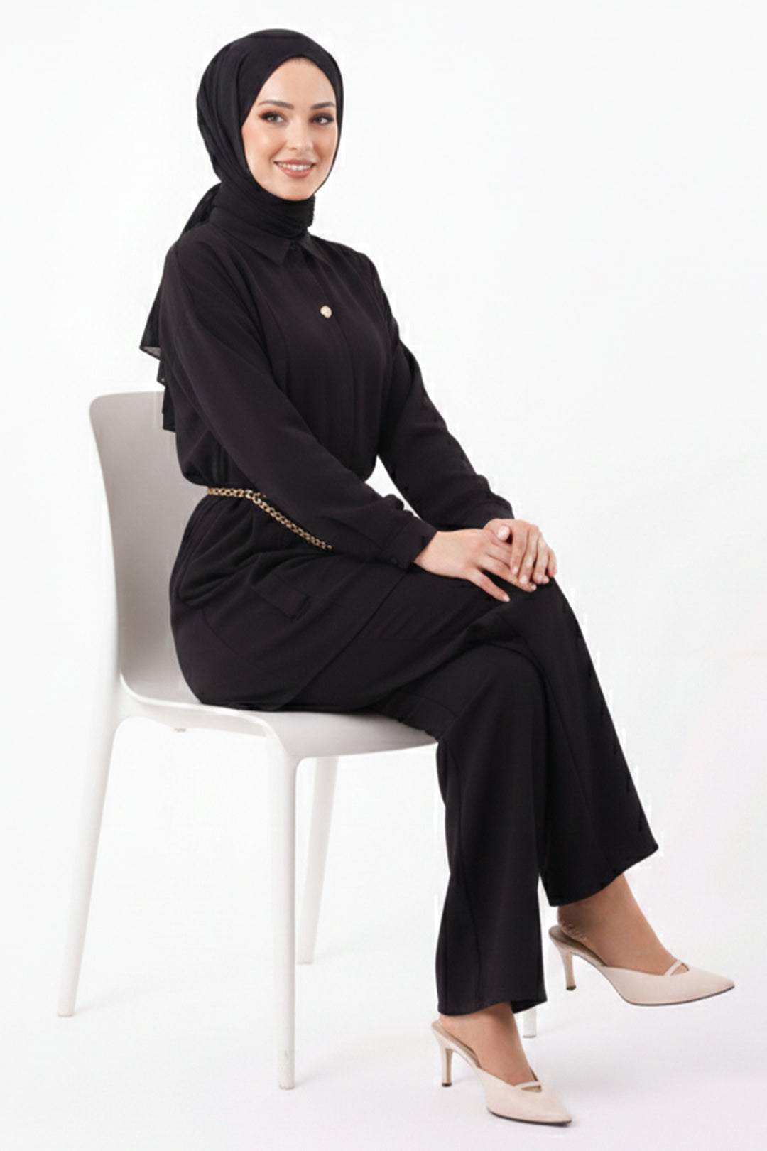 BNG Women Brooch Detailed Hijab Two Piece Set N7178 Black - Cortlandt