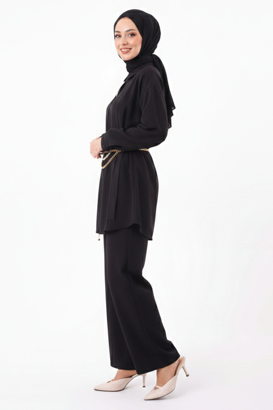 BNG Women Brooch Detailed Hijab Two Piece Set N7178 Black - Cortlandt