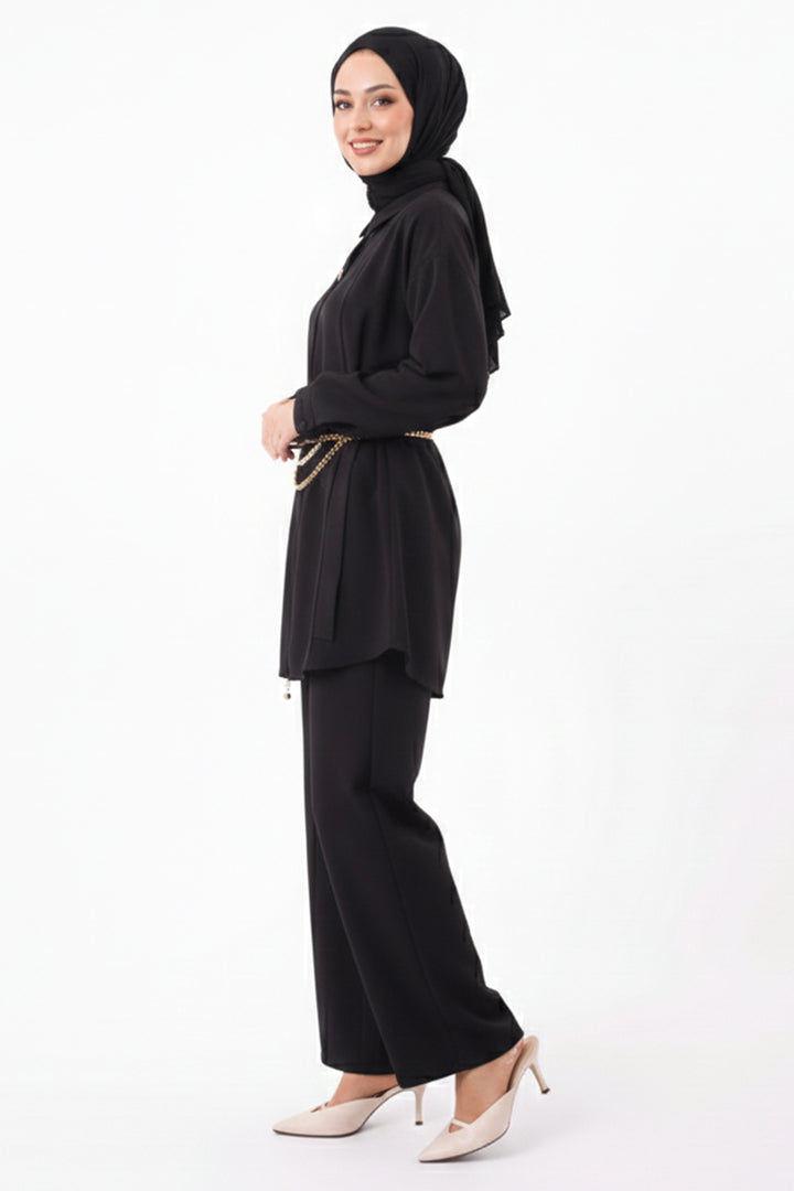 BNG Women Brooch Detailed Hijab Two Piece Set N7178 Black - Cortlandt