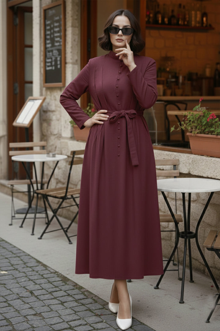 BNG Women Düğmeli Tesettür Elbise N7204 Bordo - Playa del Carmen