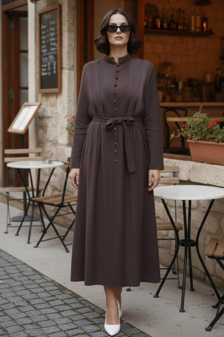 BNG Women Düğmeli Tesettür Elbise N7204 Kahverengi - Stockton