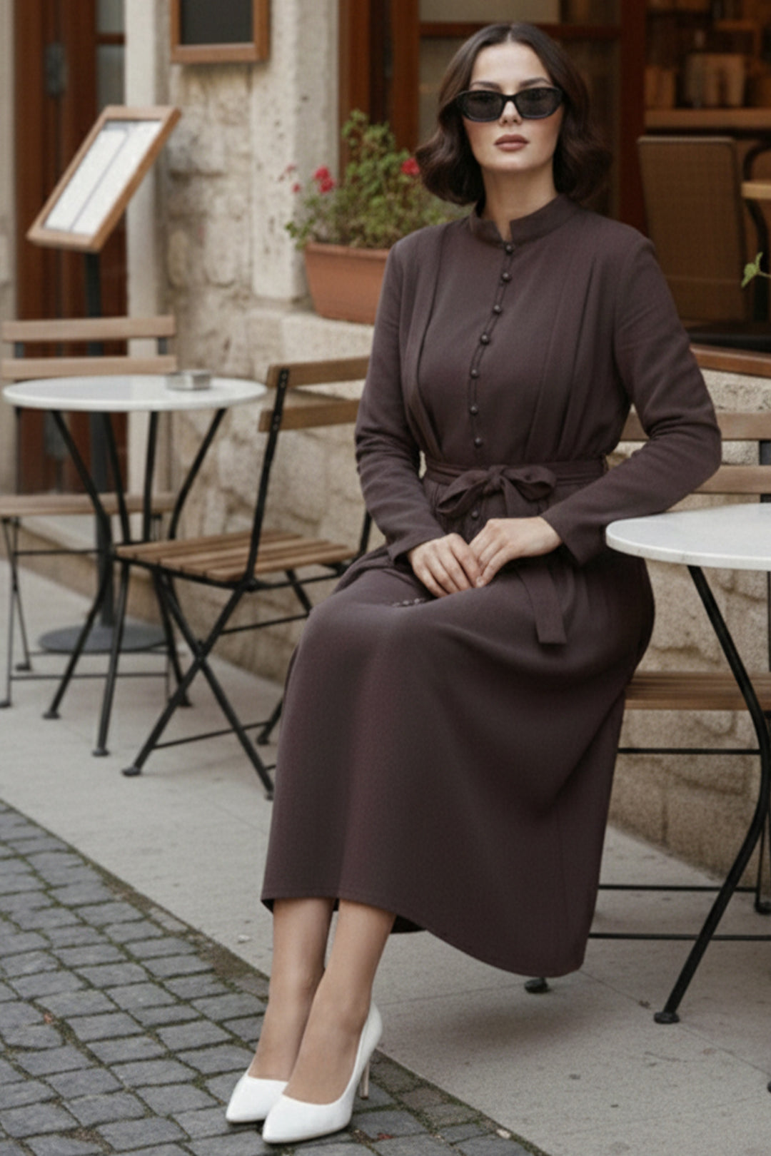 BNG Women Düğmeli Tesettür Elbise N7204 Kahverengi - Stockton