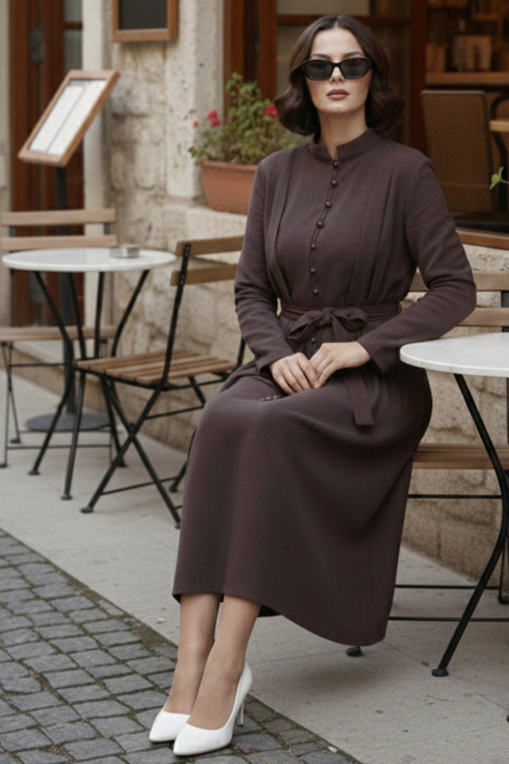 BNG Women Düğmeli Tesettür Elbise N7204 Kahverengi - Stockton