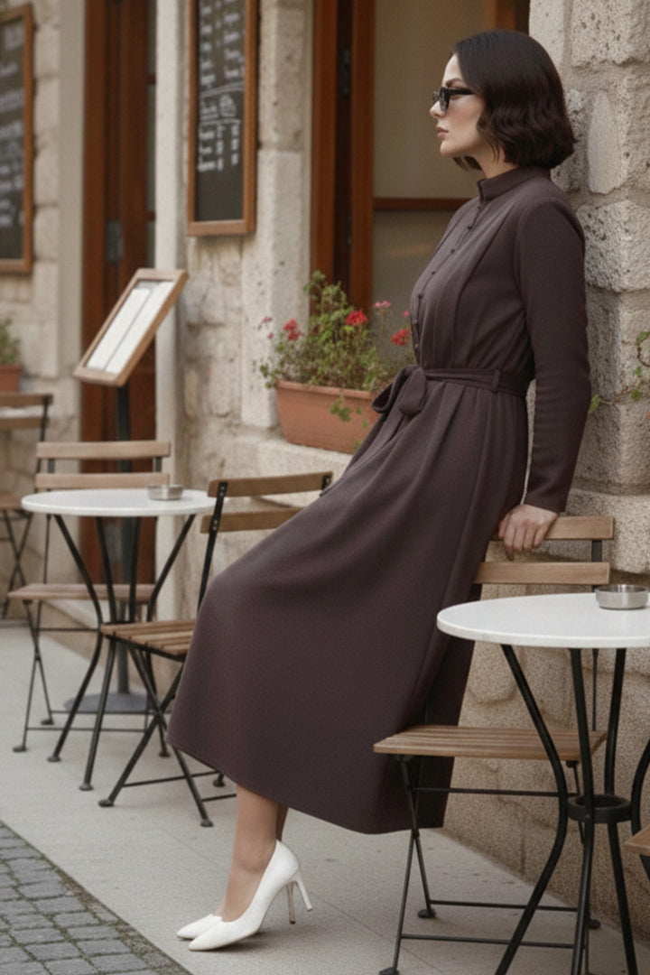 BNG Women Düğmeli Tesettür Elbise N7204 Kahverengi - Stockton