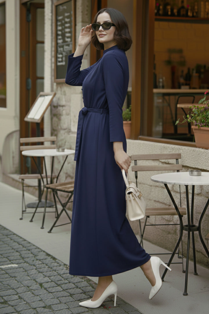BNG Women Düğmeli Tesettür Elbise N7204 Lacivert - Parker