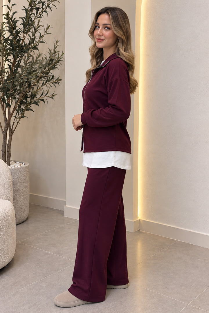 BNG Women Basic İçlikli Fermuarlı 3’Lü Takım N8264 Mürdüm - Redcar