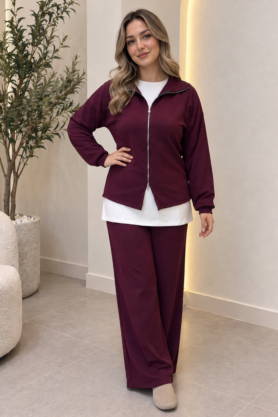 BNG Women Basic İçlikli Fermuarlı 3’Lü Takım N8264 Mürdüm - Buena Vista Tomatlán