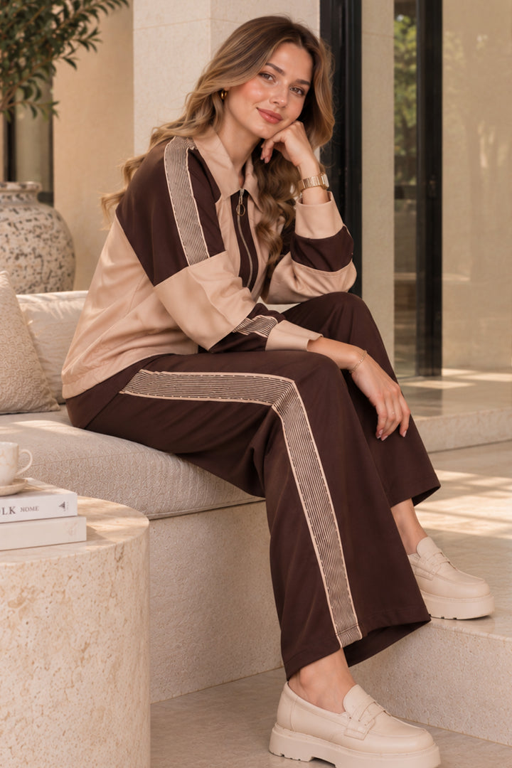 BNG Women Basic Şeritli İkili Takım N8316 Kahverengi - Oakland