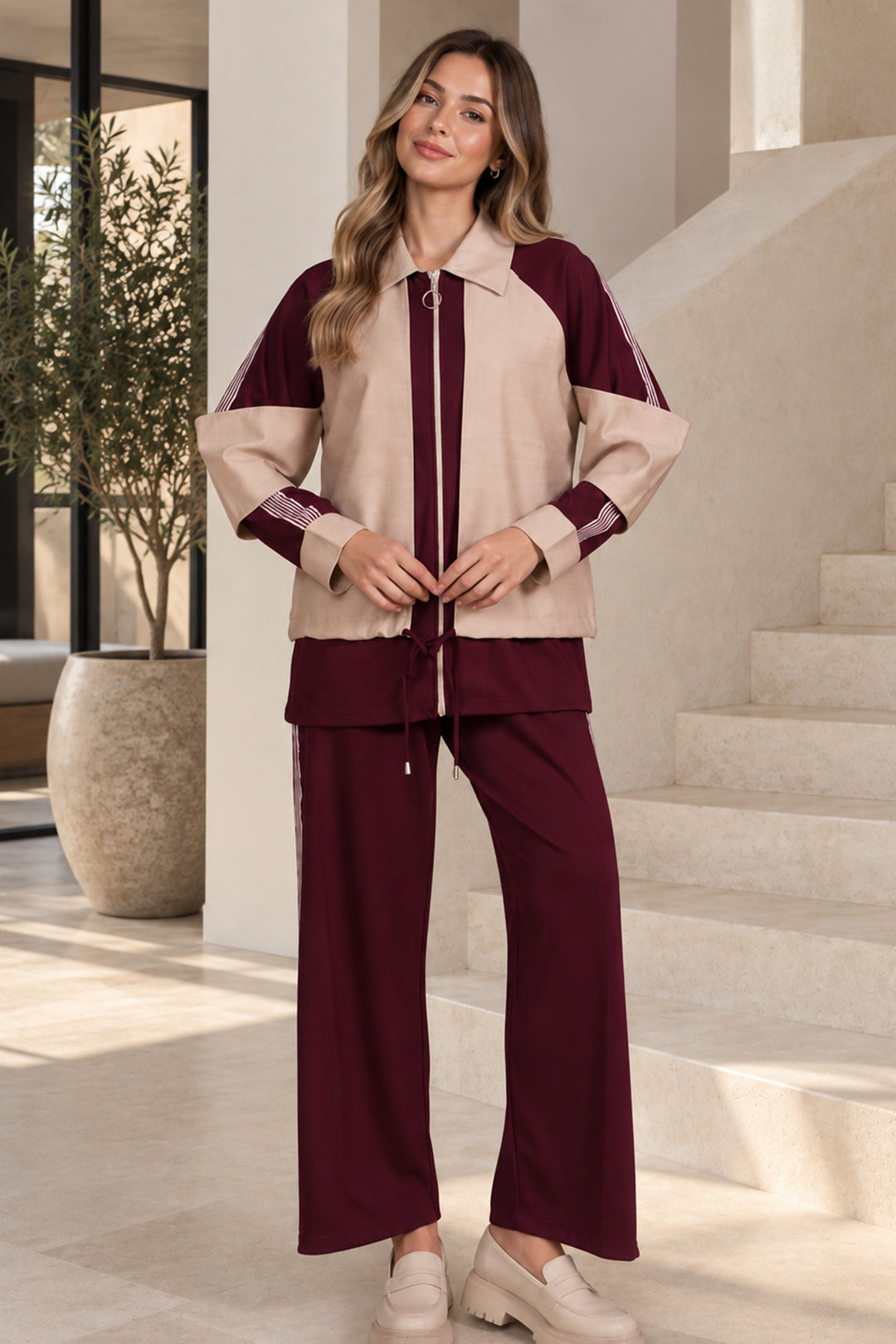 BNG Women Basic Şeritli İkili Takım N8316 Mürdüm - Markham