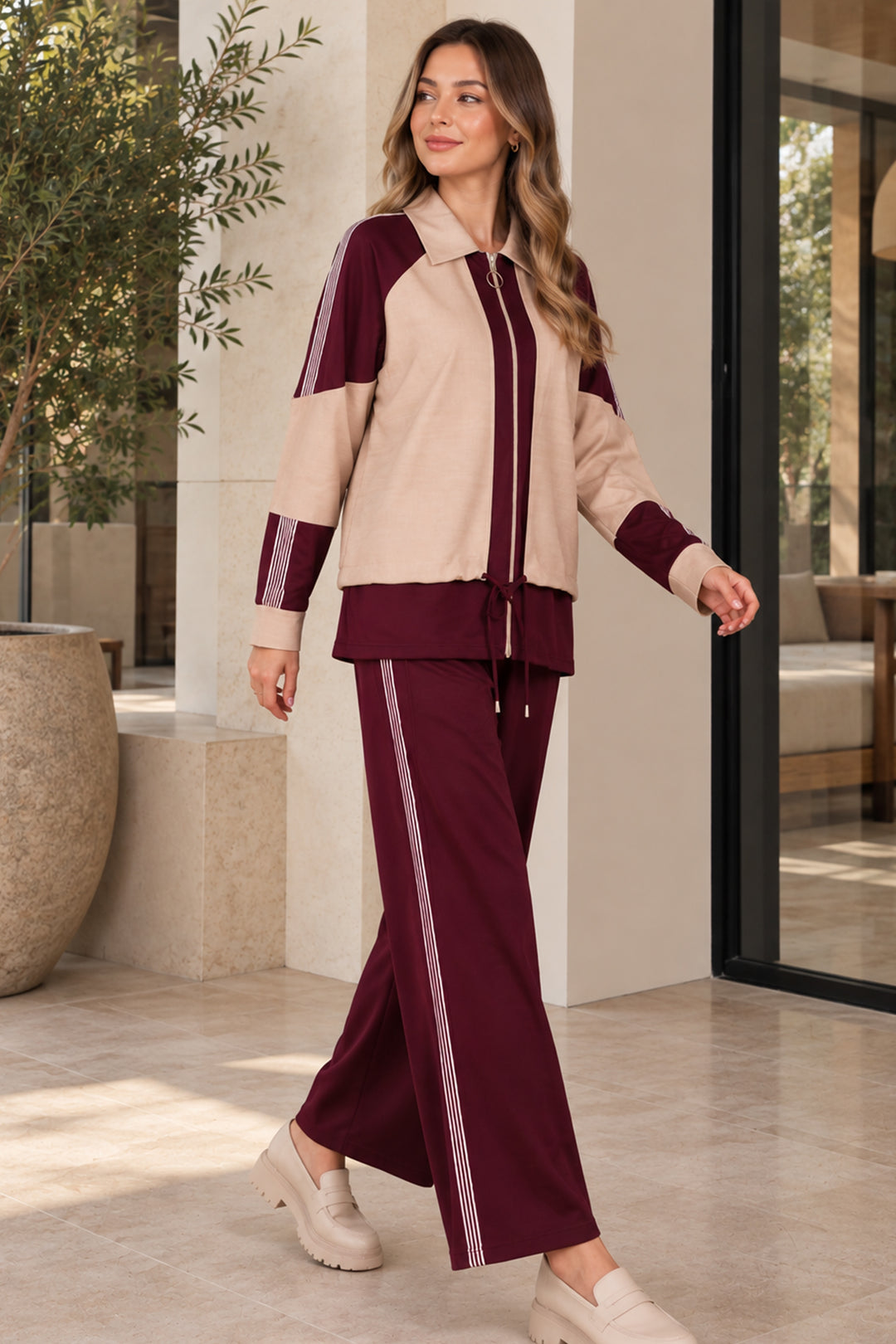 BNG Women Basic Şeritli İkili Takım N8316 Mürdüm - Markham