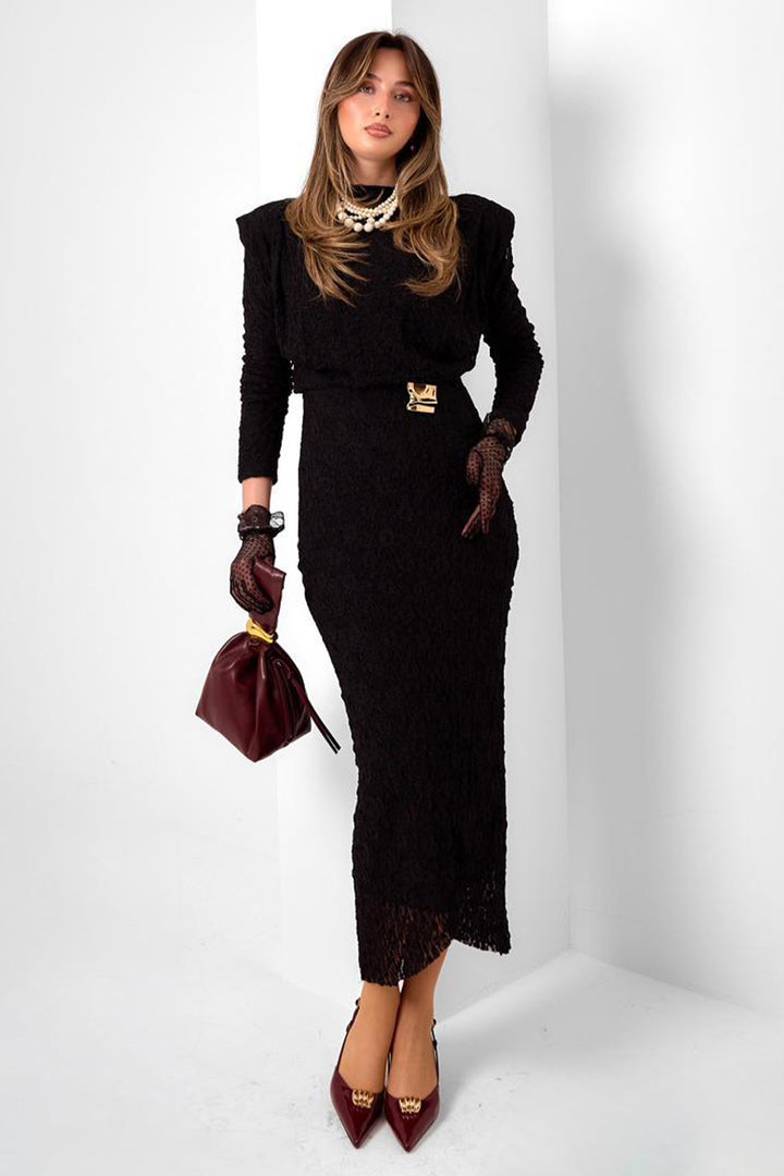 BNG Women Toka Detaylı Dantelli Elbise N2724 Siyah - Stretford
