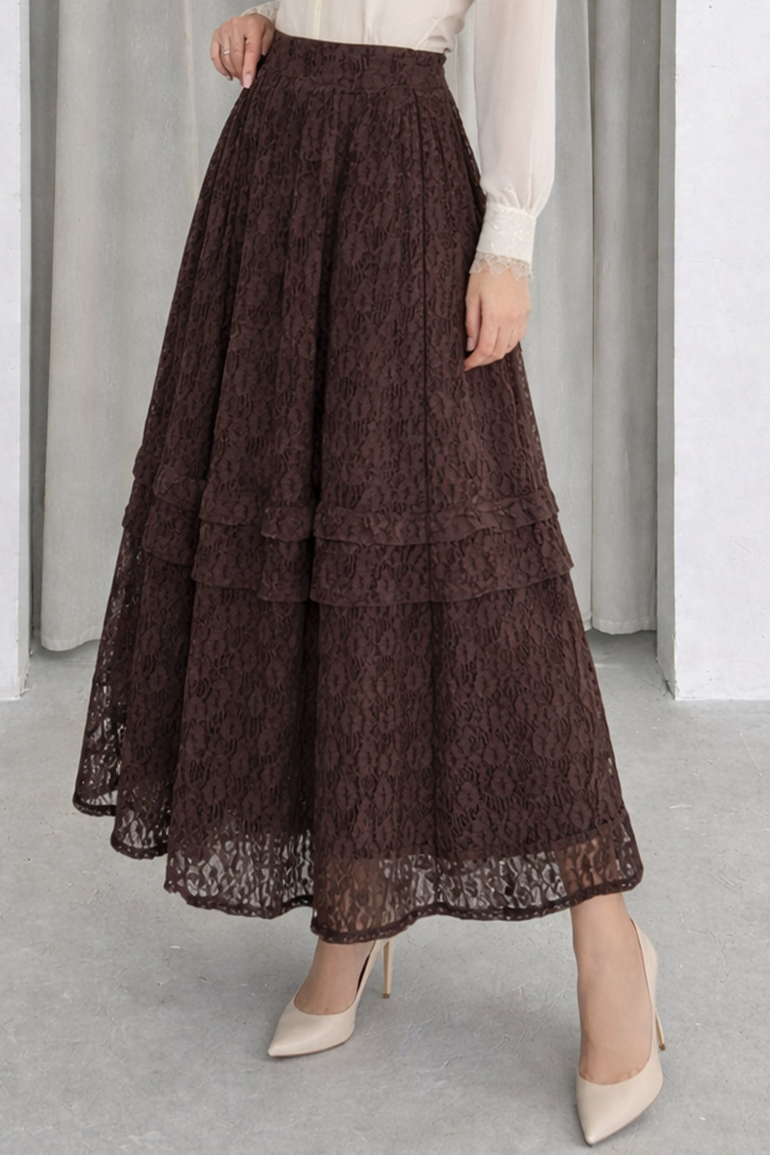 BNG Women Katlı Dantelli Etek N2685 Kahverengi - Central Coast