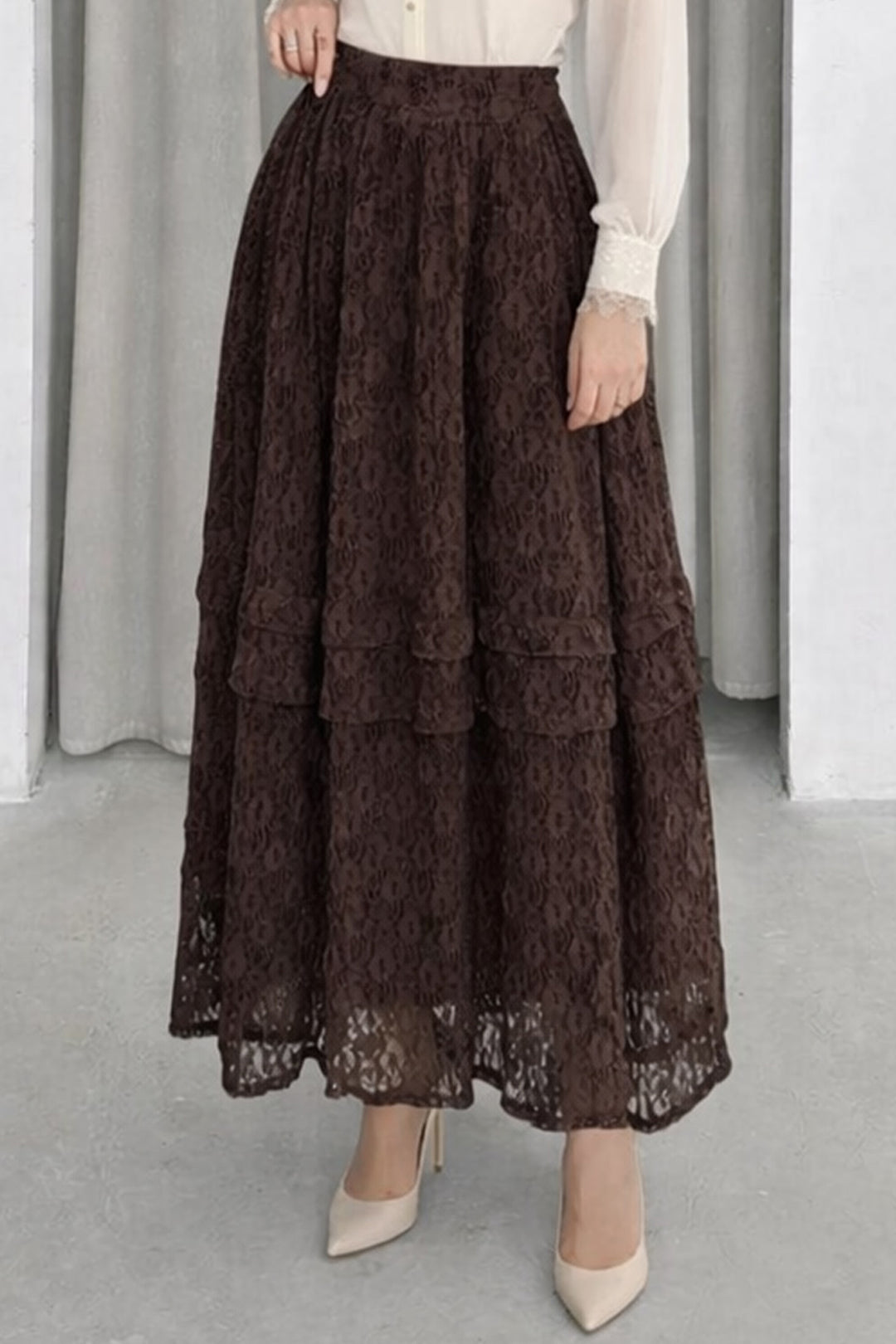 BNG Women Katlı Dantelli Etek N2685 Kahverengi - Central Coast