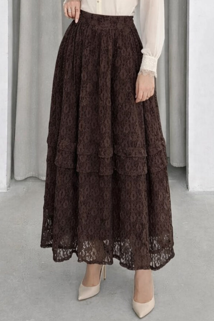 BNG Women Katlı Dantelli Etek N2685 Kahverengi - Central Coast