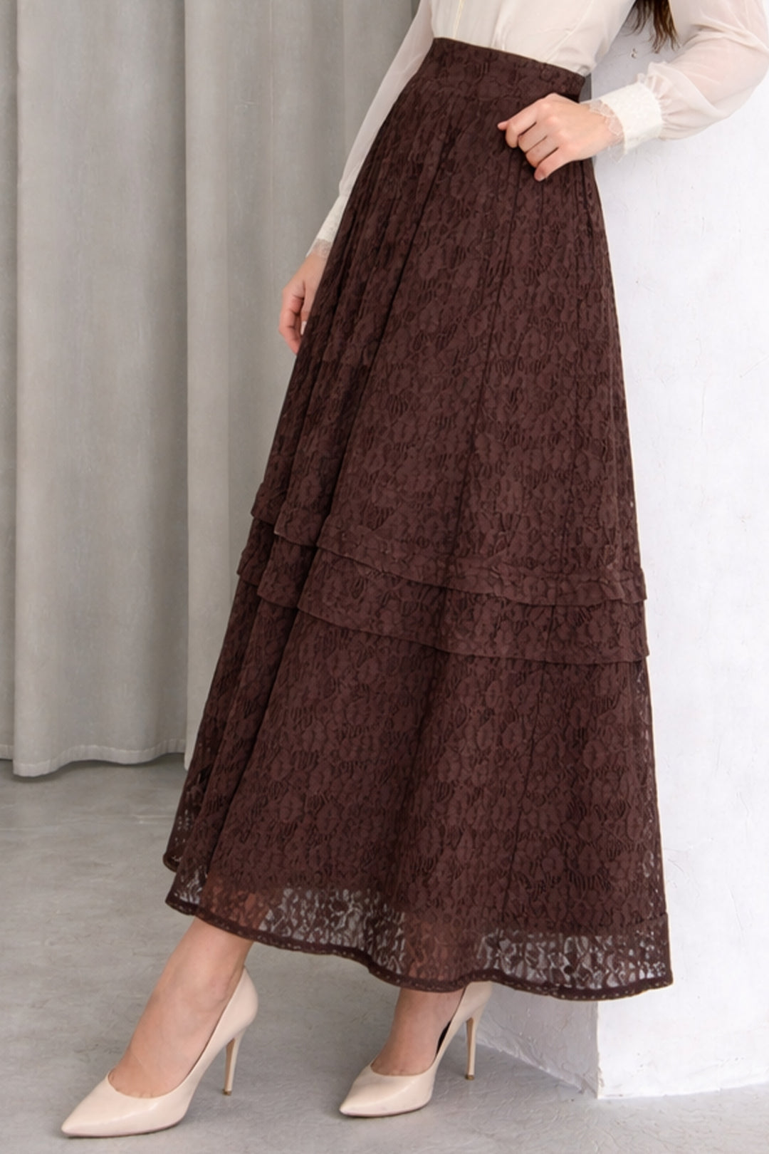 BNG Women Katlı Dantelli Etek N2685 Kahverengi - Central Coast