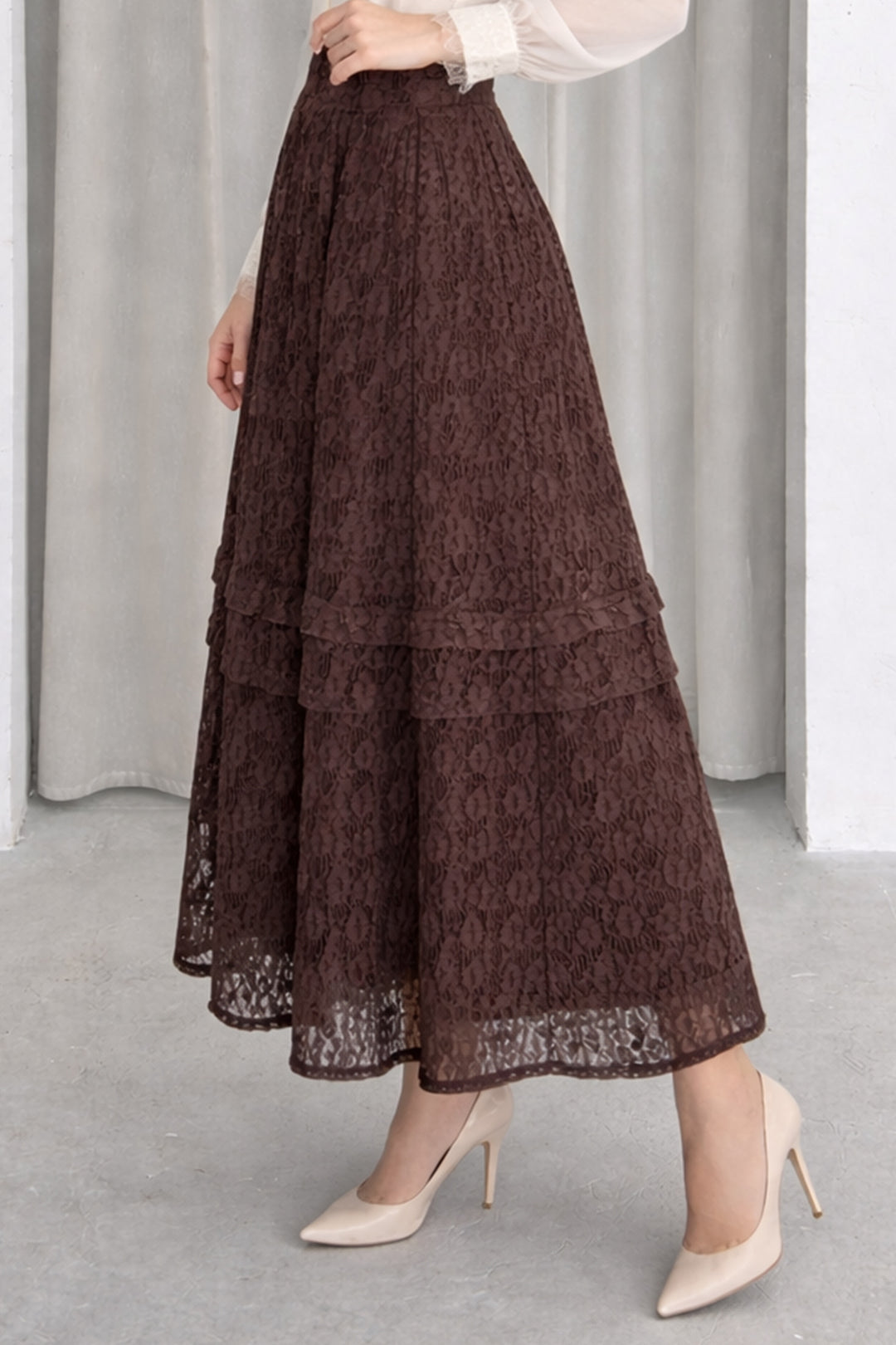 BNG Women Katlı Dantelli Etek N2685 Kahverengi - Central Coast