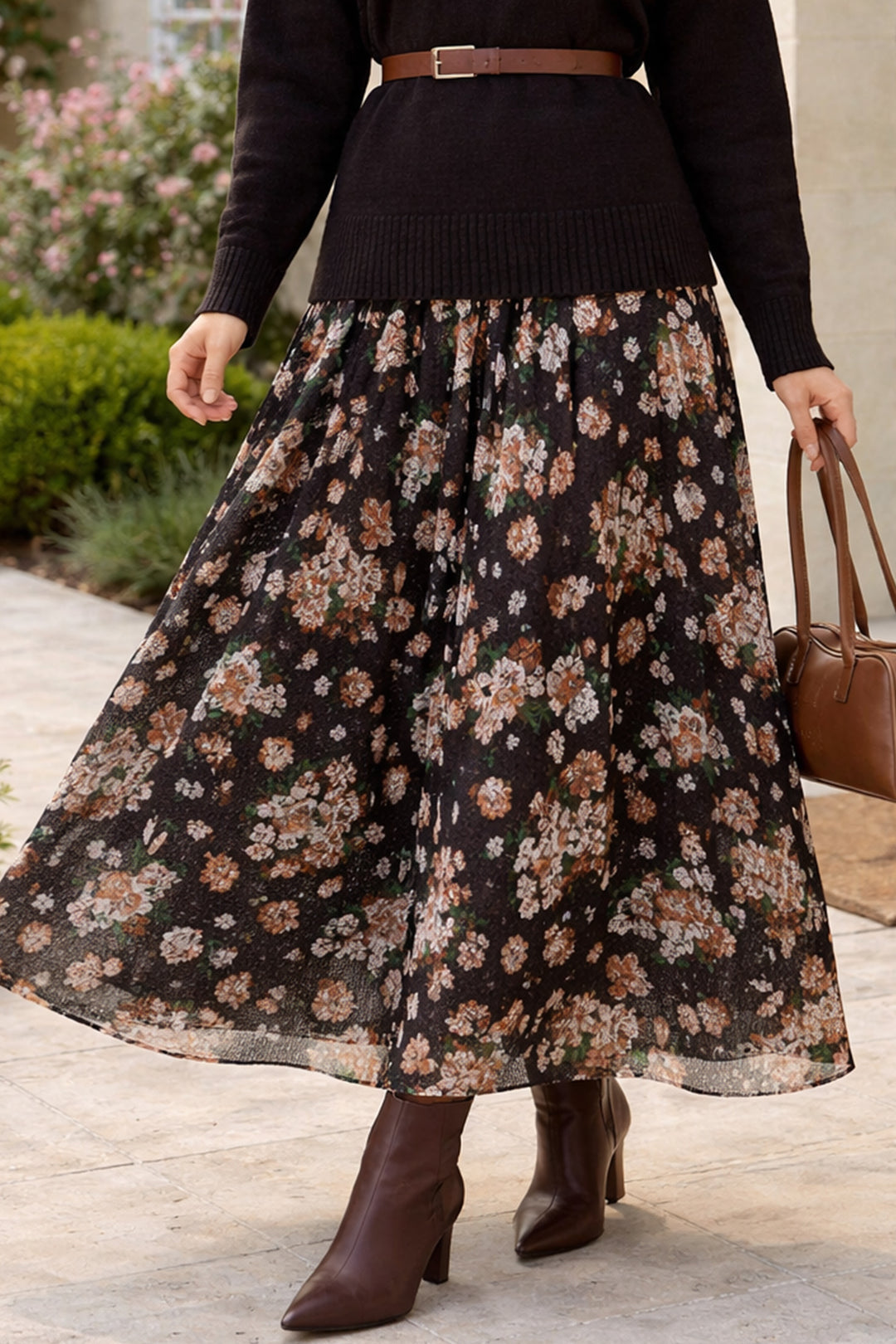 BNG Women Dantel Baskılı Etek N2694 Kahverengi - Leeds
