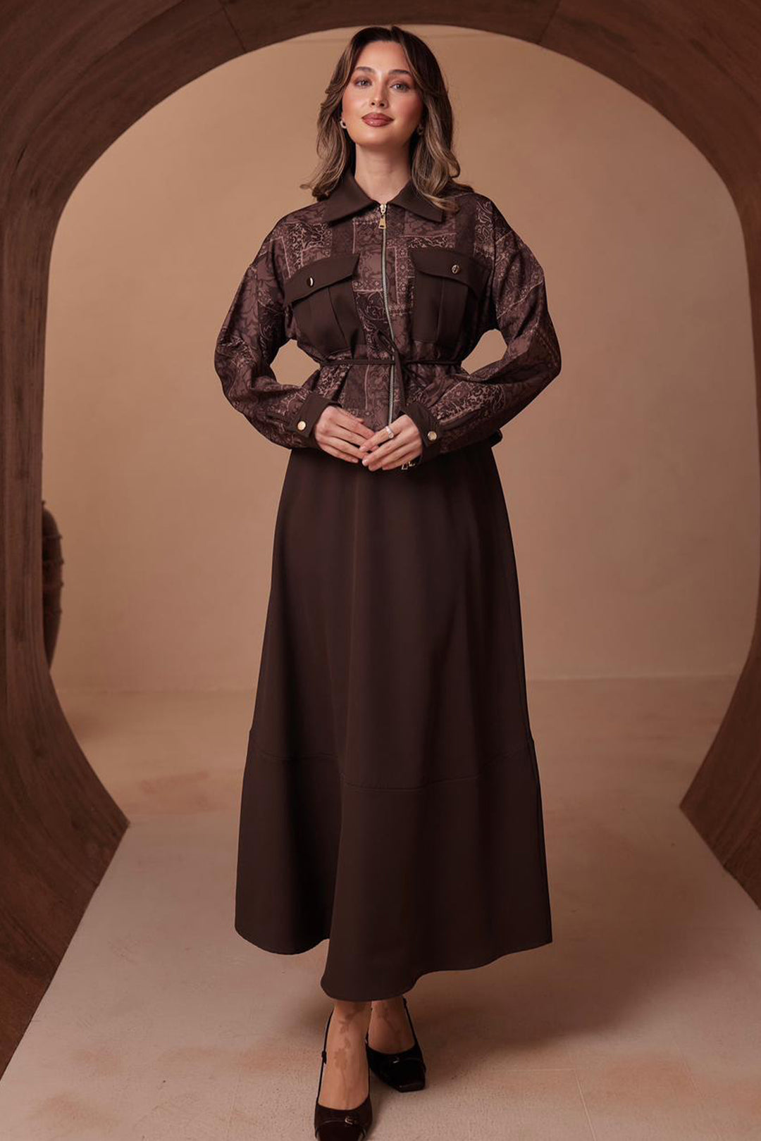 BNG Women Desenli Ceket Takım N2713 Kahverengi - Alcira
