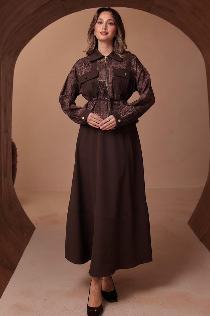 BNG Women Desenli Ceket Takım N2713 Kahverengi - Alcira