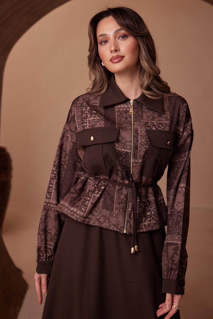 BNG Women Desenli Ceket Takım N2713 Kahverengi - Alcira