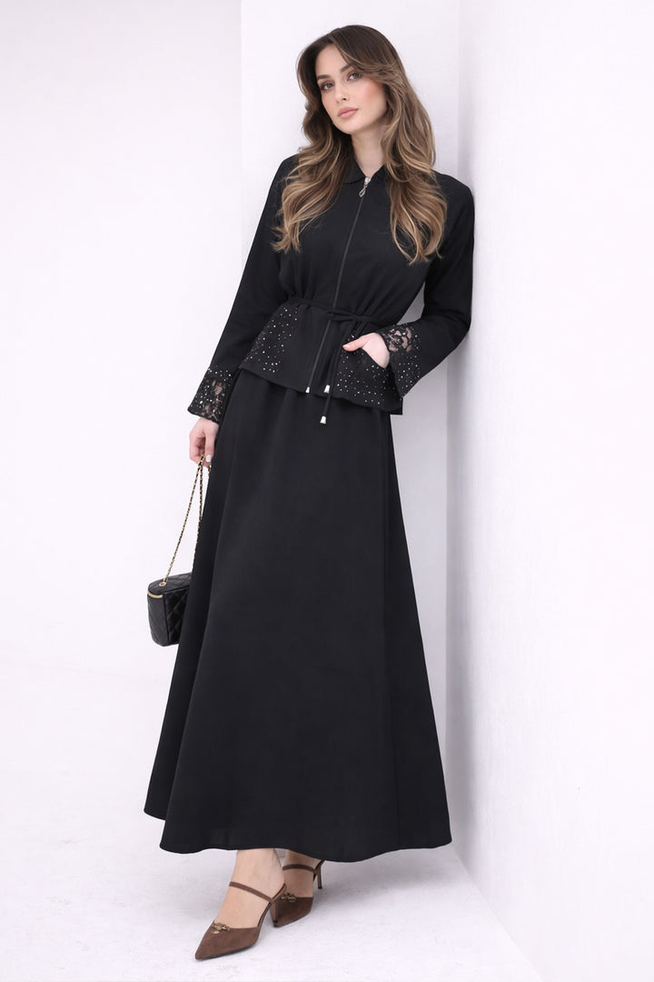 BNG Women Kolları Dantelli Tesettür Poplin Takım N8110 Siyah - Colmenar Viejo