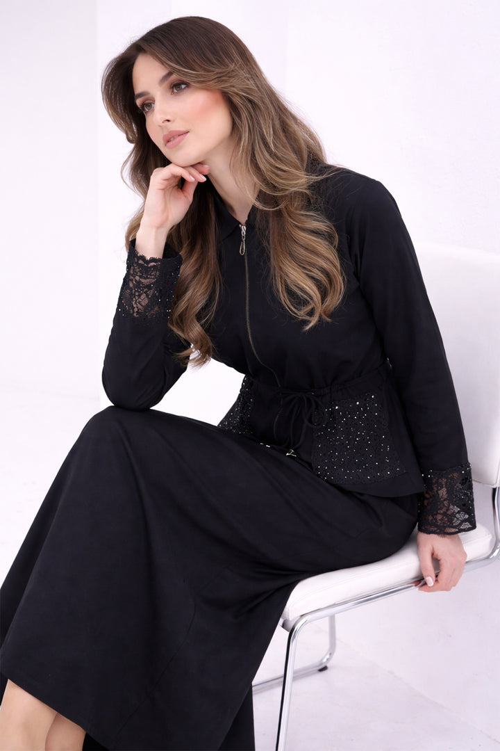 BNG Women Kolları Dantelli Tesettür Poplin Takım N8110 Siyah - Colmenar Viejo