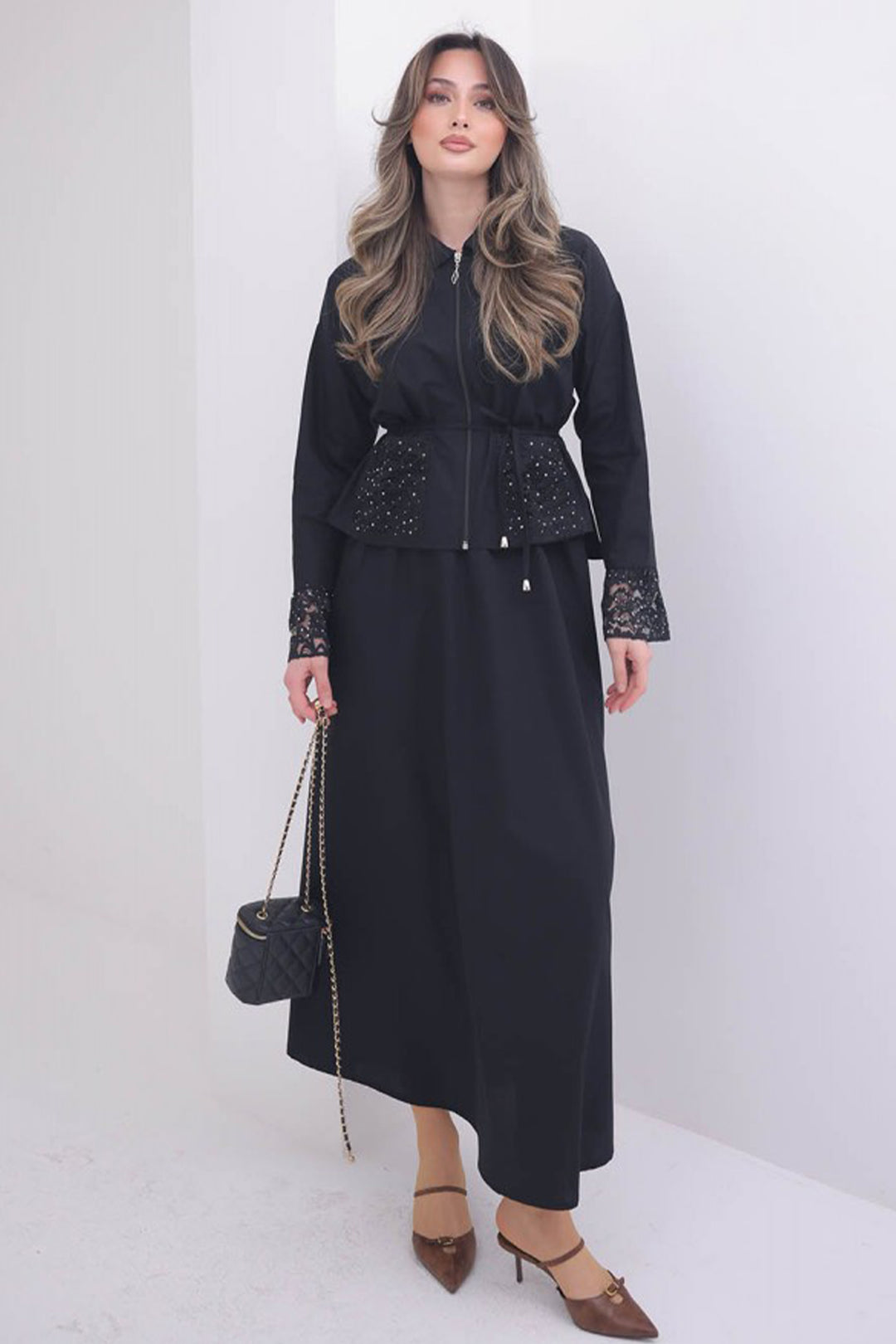 BNG Women Kolları Dantelli Tesettür Poplin Takım N8110 Siyah - Colmenar Viejo