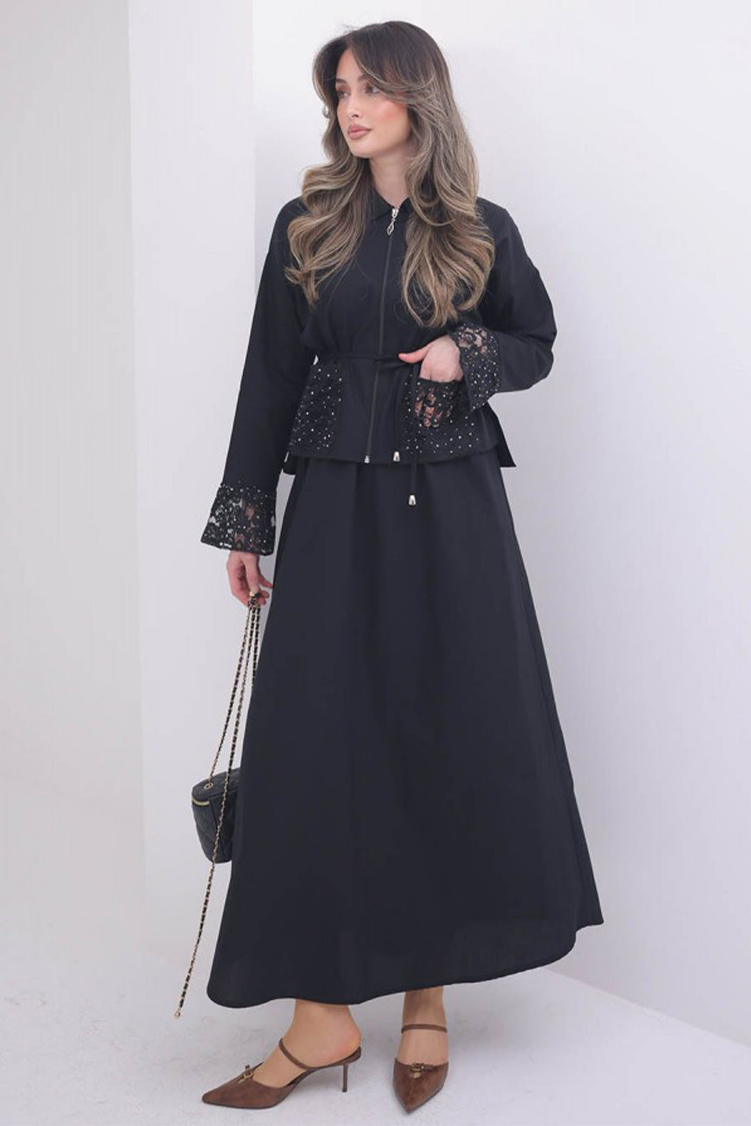 BNG Women Kolları Dantelli Tesettür Poplin Takım N8110 Siyah - Colmenar Viejo