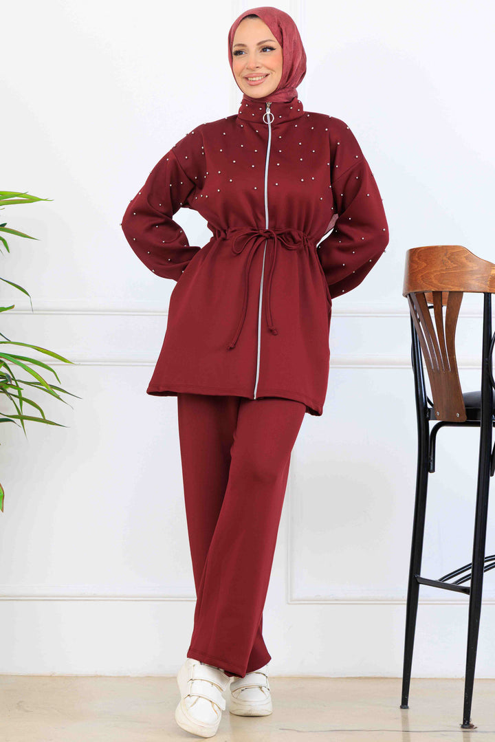 BNG Women Bead Detailed Scuba Two Piece Set N5361 Burgundy - Blanes