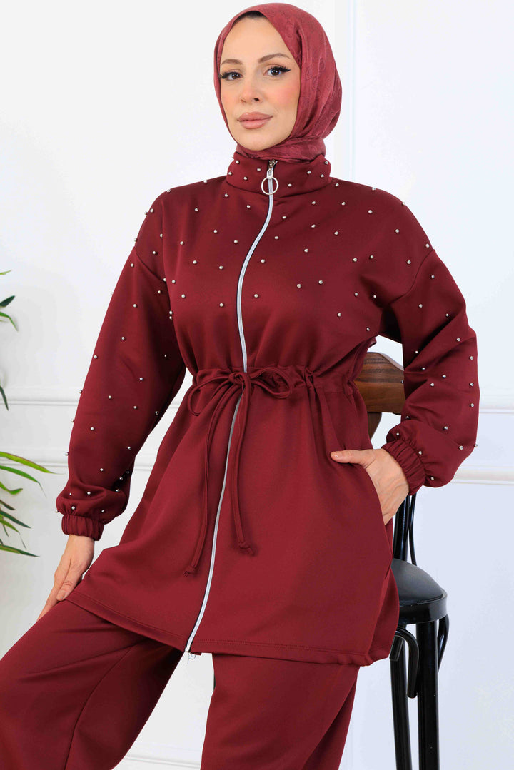 BNG Women Bead Detailed Scuba Two Piece Set N5361 Burgundy - Blanes