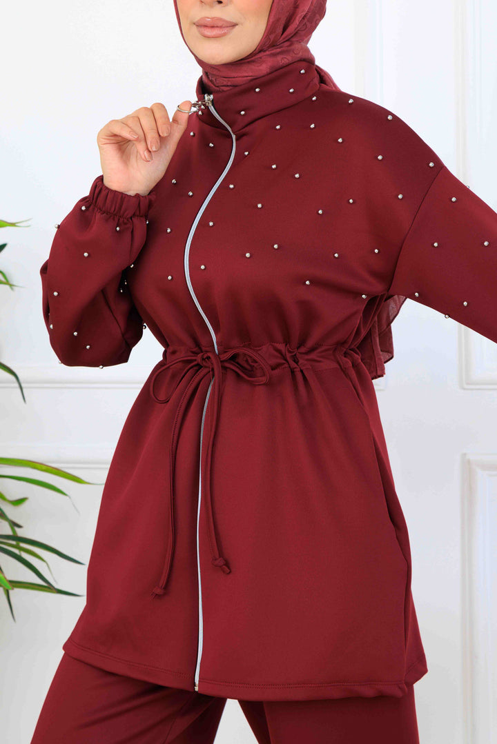 BNG Women Bead Detailed Scuba Two Piece Set N5361 Burgundy - Blanes