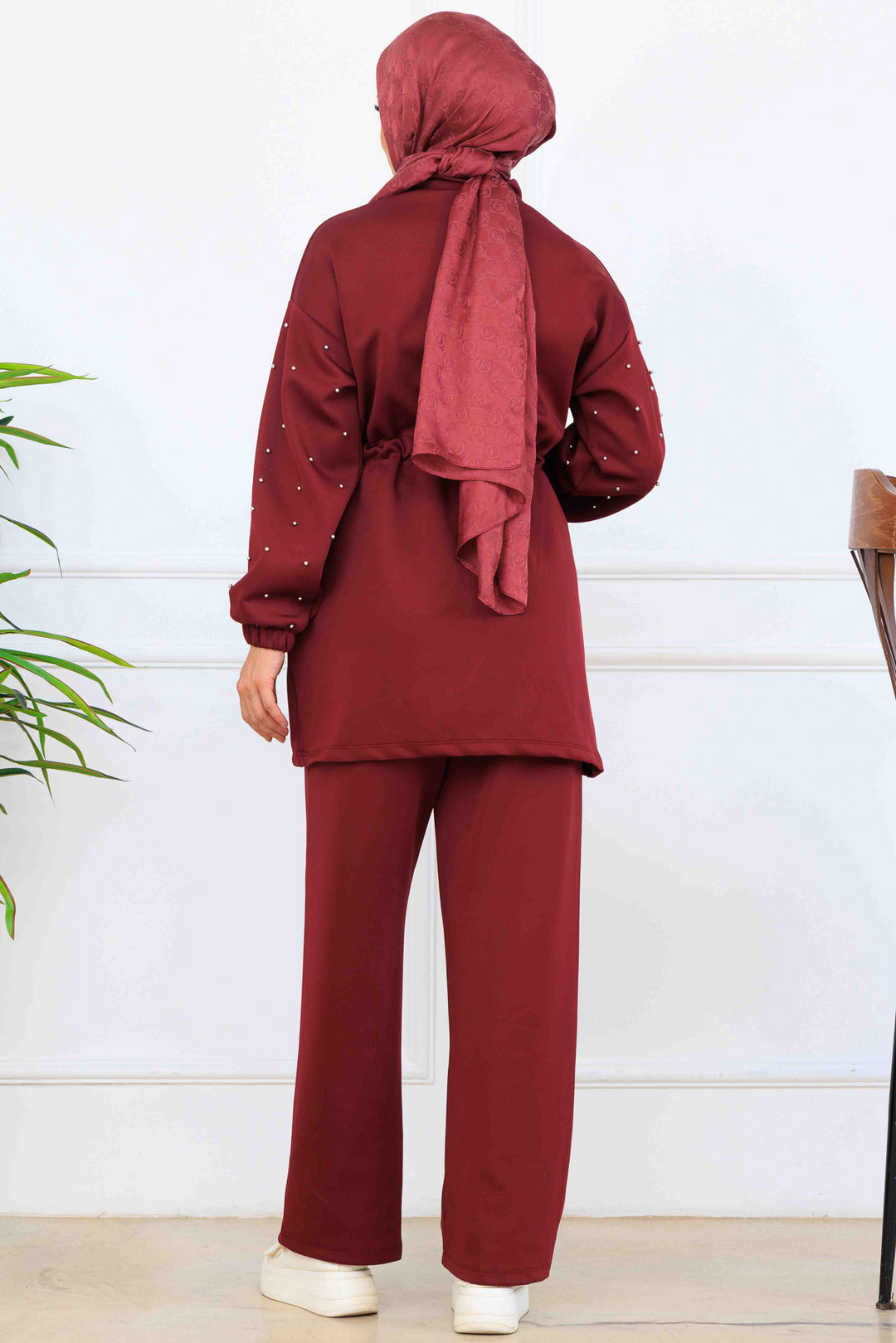 BNG Women Bead Detailed Scuba Two Piece Set N5361 Burgundy - Blanes