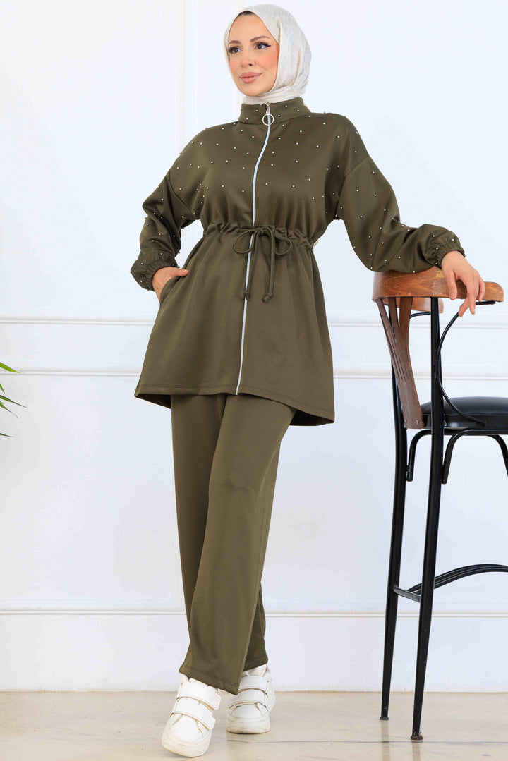 BNG Women Bead-Detailed Scuba Two-Piece Set N5361 Khaki - Salinas Victoria