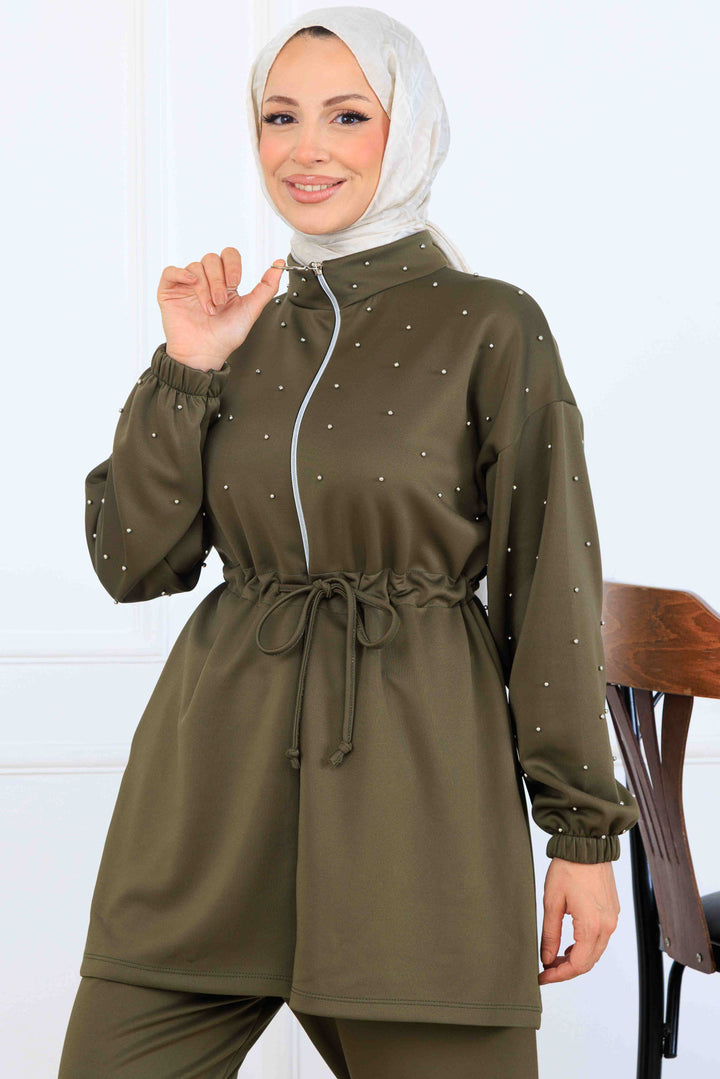 BNG Women Bead-Detailed Scuba Two-Piece Set N5361 Khaki - Salinas Victoria