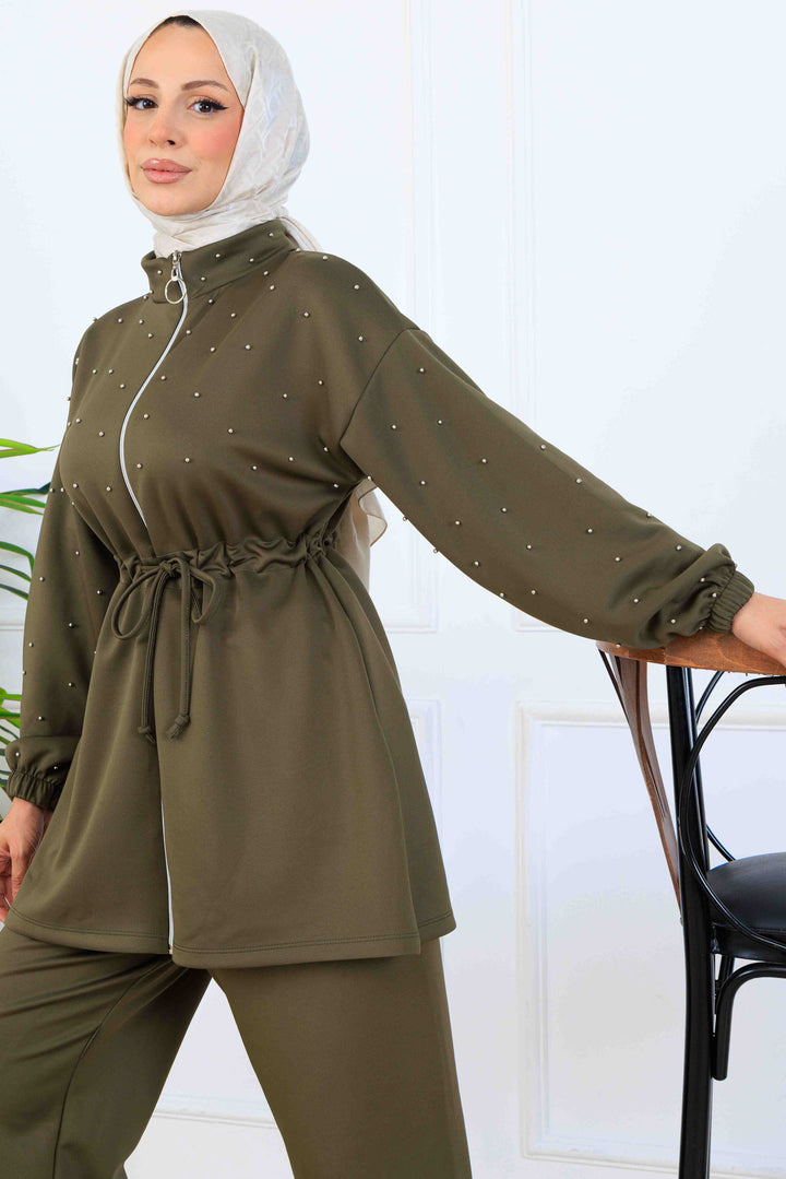 BNG Women Bead-Detailed Scuba Two-Piece Set N5361 Khaki - Salinas Victoria