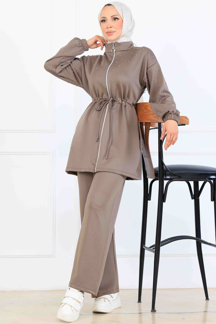 BNG Women Bead Detailed Scuba Two Piece Set N5361 Mink - Leesburg