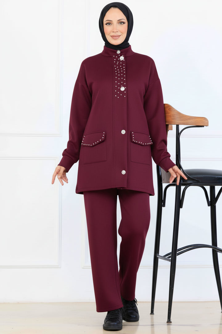 BNG Women Bead Detailed Scuba Two Piece Set N5334 Burgundy - Rheden