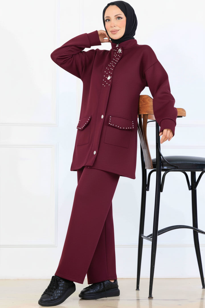 BNG Women Bead Detailed Scuba Two Piece Set N5334 Burgundy - Rheden