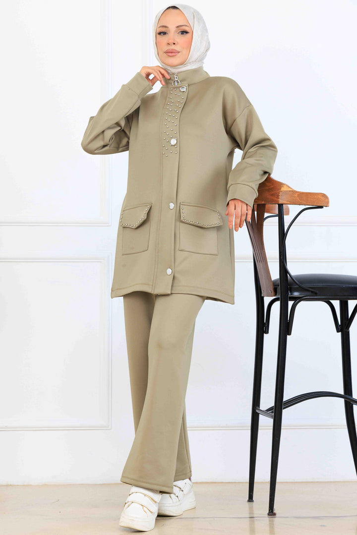 BNG Women Bead Detailed Scuba Two Piece Set N5334 Sage Green - Mitcham