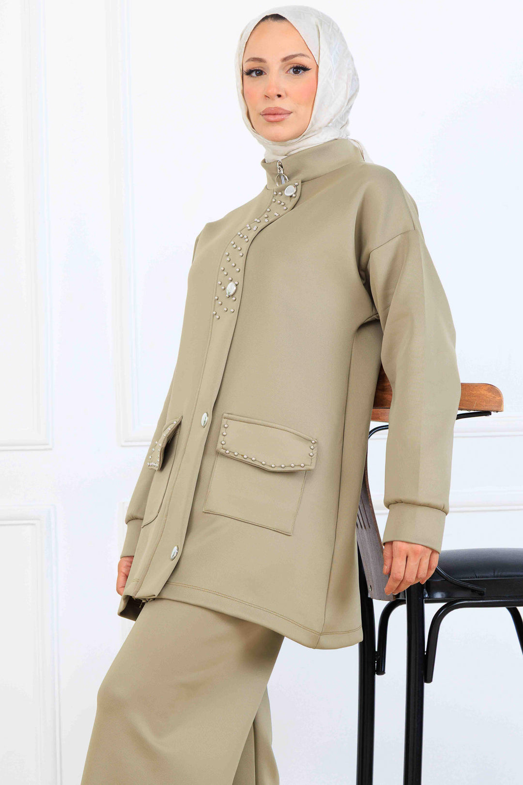 BNG Women Bead Detailed Scuba Two Piece Set N5334 Sage Green - Mitcham