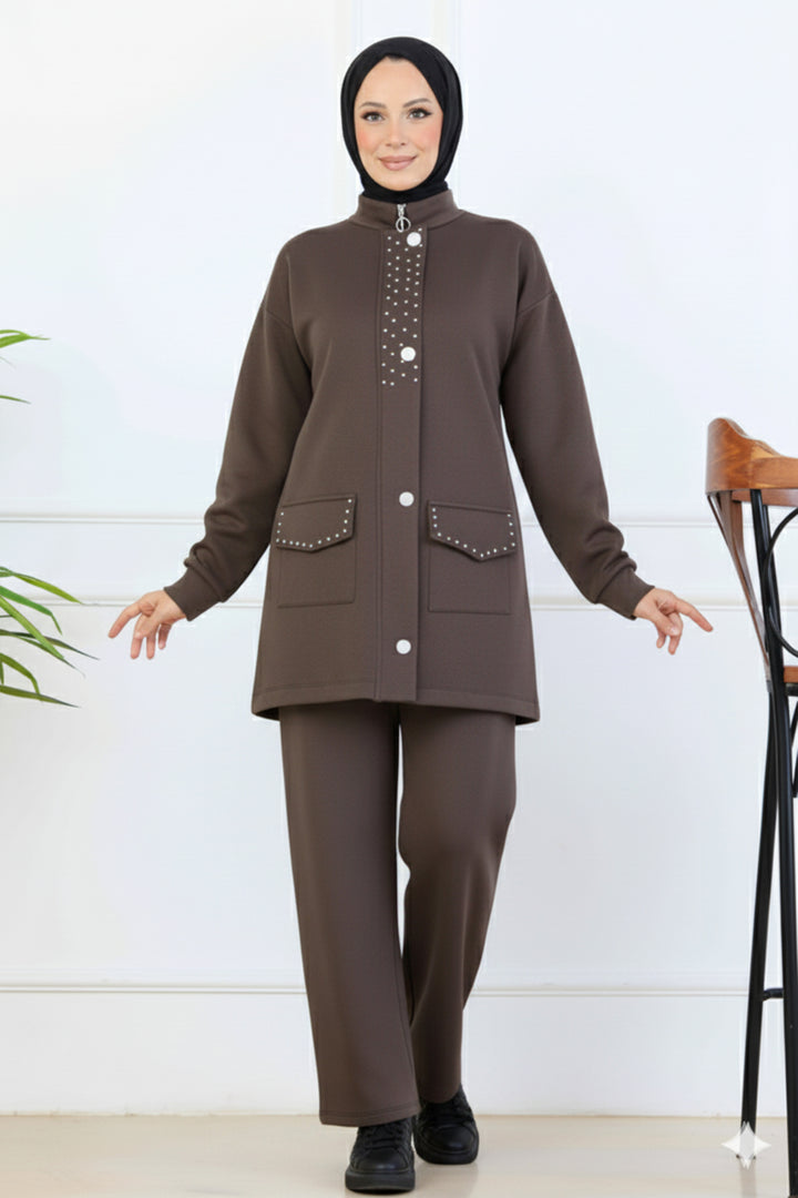 BNG Women Bead-Detailed Scuba Two-Piece Set N5334 Brown - Reading